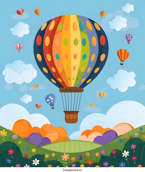 Colorful Hot Air Balloon Flying Over Meadow