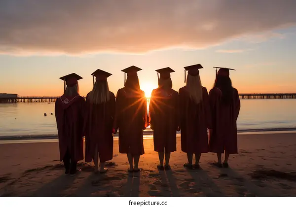 Female Graduates In Gowns Facing Ocean At Sunset