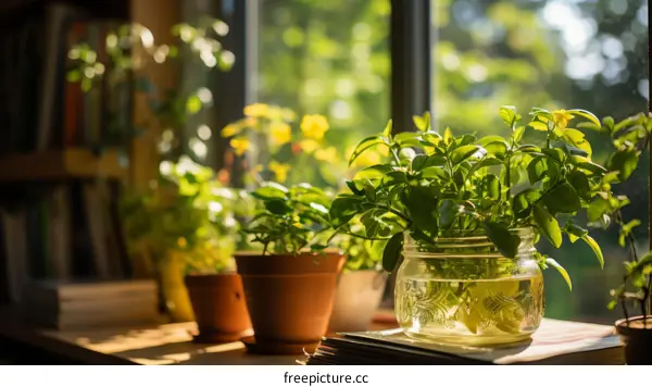 Indoor plants on a sunny windowsill