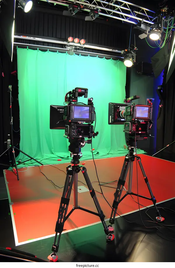 Two Professional Cameras Set Up on Tripods in a Studio