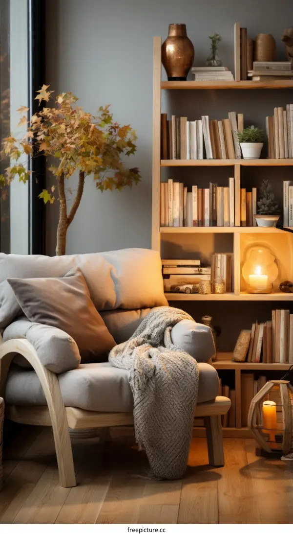 Cozy Reading Nook with Armchair, Bookshelf, and Warm Lamp