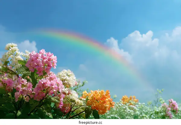 Rainbow Arching Over Colorful Flowers