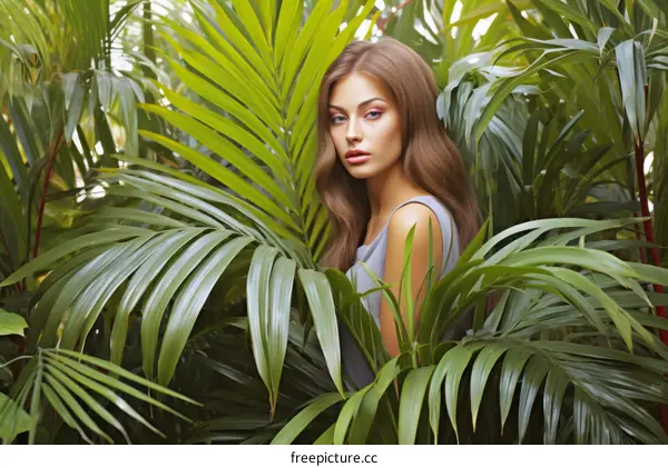 Portrait of a beautiful young woman with long brown hair standing in a tropical forest