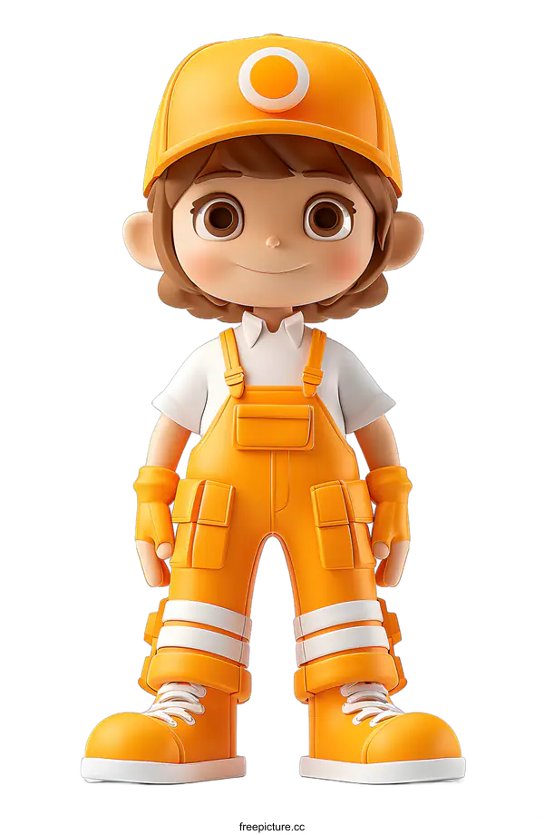 [Transparent Background PNG]Cute Cartoon Girl Construction Worker in Orange Uniform