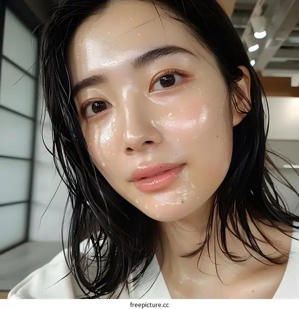 A young woman with wet hair and a natural expression on her face