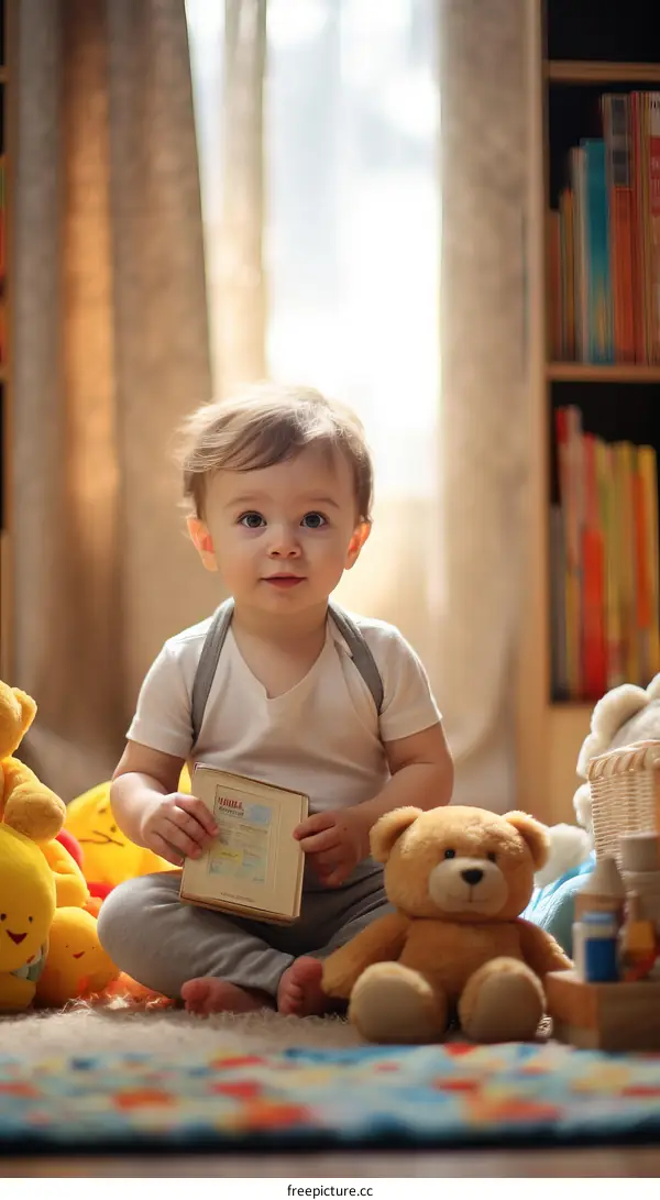 A baby boy sits on the floor surrounded by books and toys