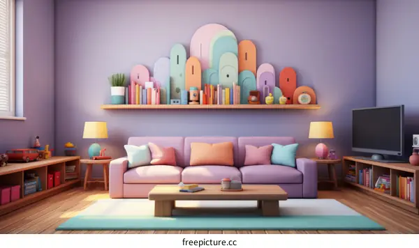A cozy living room with a purple wall and colorful furniture