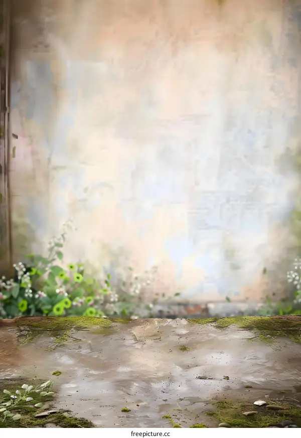 Rustic Wooden Tabletop With Mossy Surface And Blurred Green Background