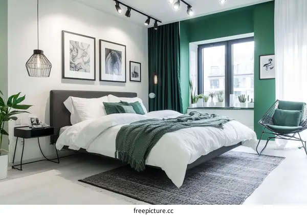 Modern Minimalist Bedroom Decor with Emerald Green Accents