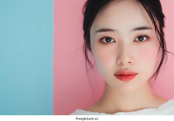 Close Up Portrait of a Beautiful Asian Woman with Pink and Blue Background