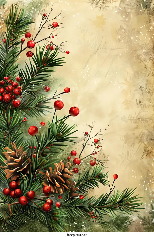 Vintage Christmas Illustration with Evergreen, Berries & Pine Cones