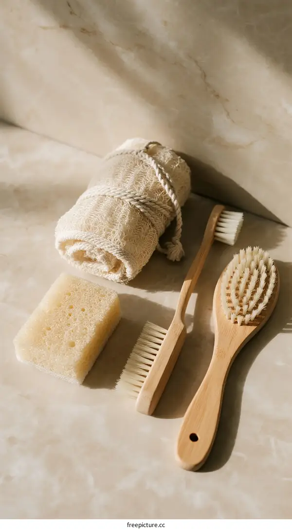 Set of natural bathroom cleaning tools with loofah and brushes