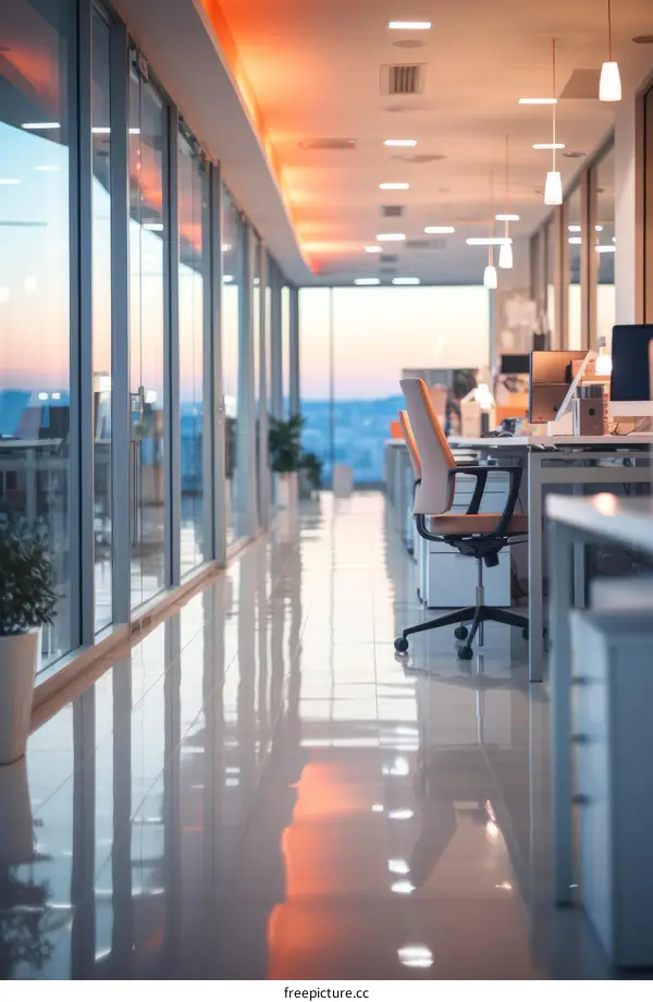 Modern office interior with glass walls and city view