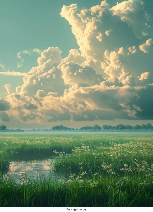 Green field and clouds
