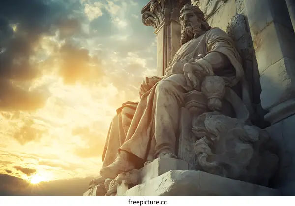 Stone Statue of a Man in Front of a Sunset Sky