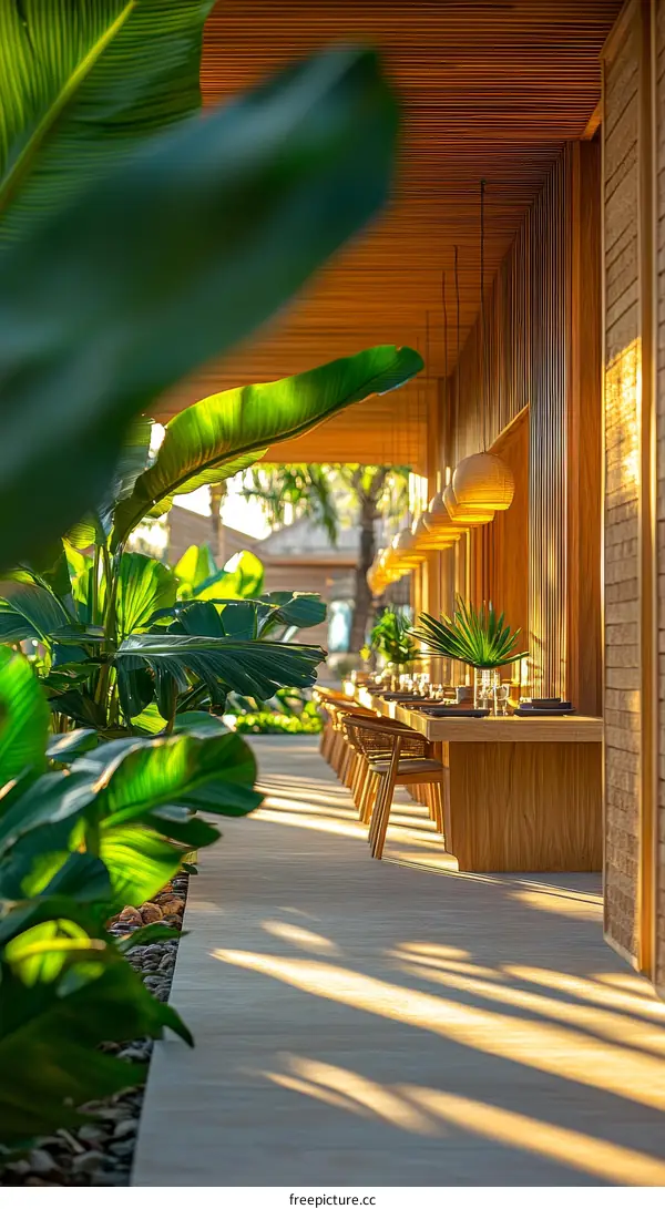 Tropical Outdoor Dining Area with Wooden Tables and Chairs