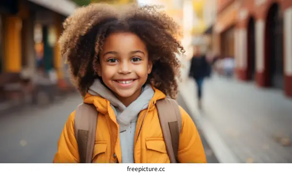 portrait of a smiling child with curly hair wearing a yellow jacket and a backpack