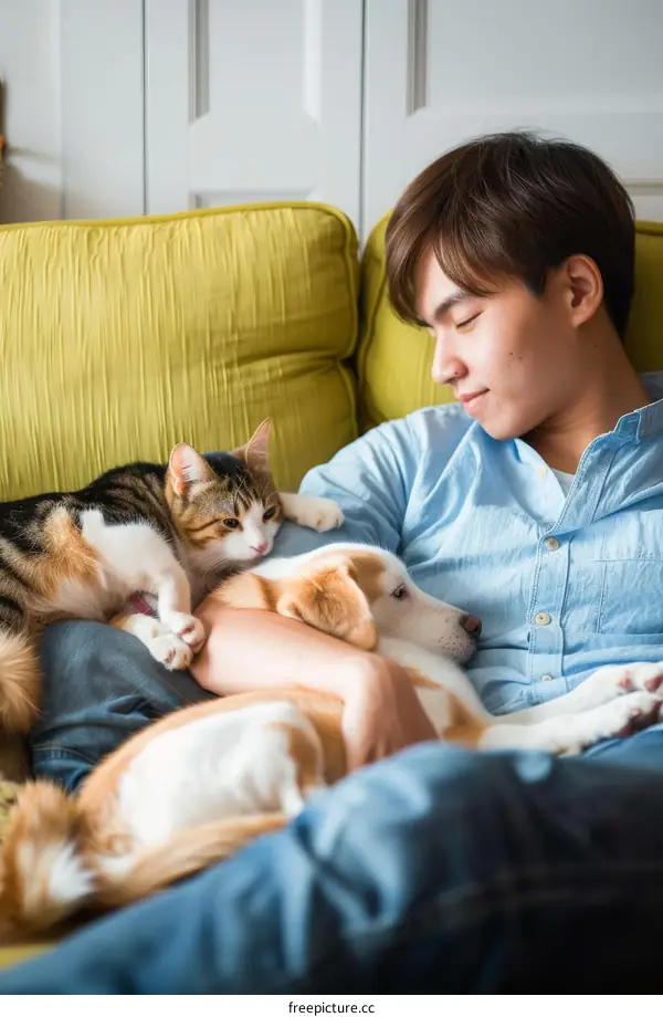A young man is lying on a couch with a cat and a dog.