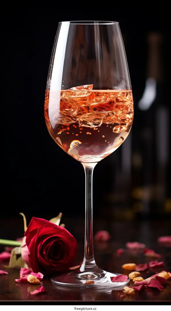 Elegant glass of rose wine with bubbles and a red rose