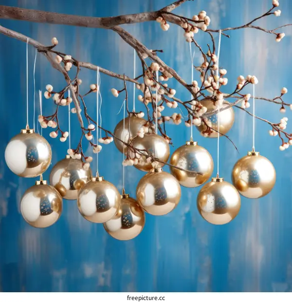 Christmas ornaments hanging on a branch