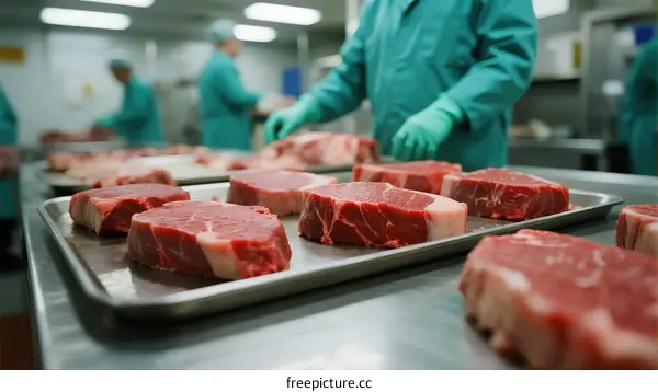 Fresh raw meat cuts arranged on metal tray in food processing plant