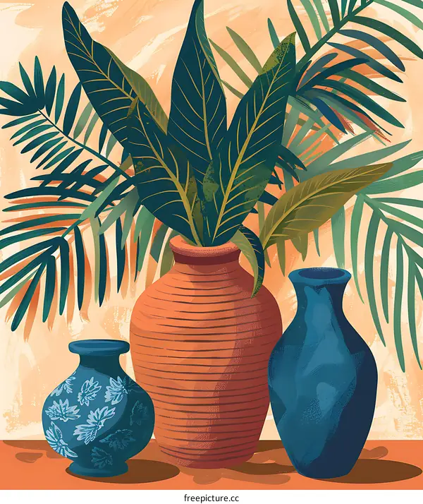 Tropical Plants In Vases Still Life Illustration