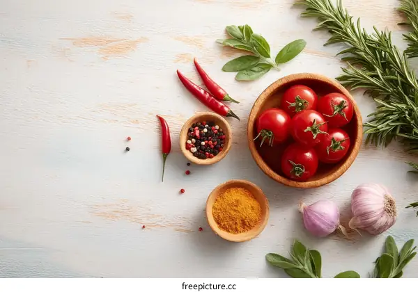 Colorful Fresh Herbs and Spices on Wooden Table
