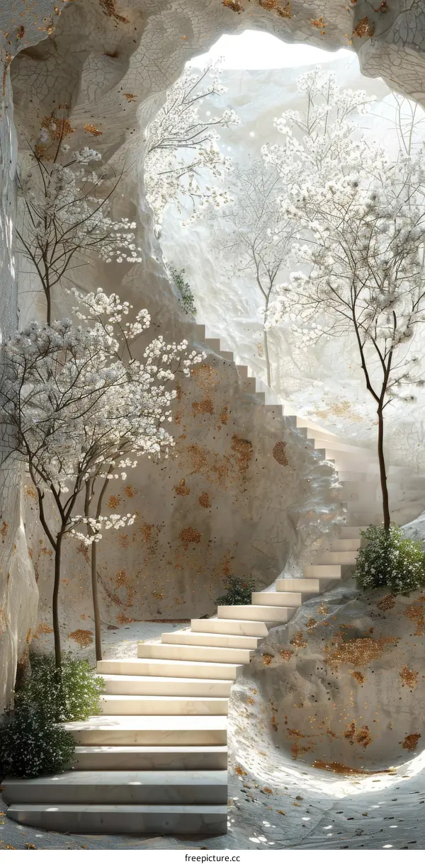 Stairway to Paradise in a Cave with Blossoms