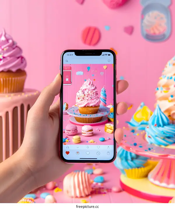 Hand Holding Smartphone Taking Photo of Pink Cupcake with Sprinkles