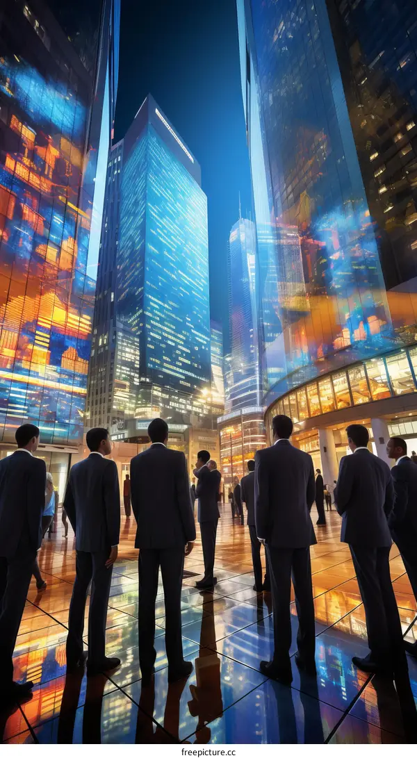 A group of business people looking up at a tall building