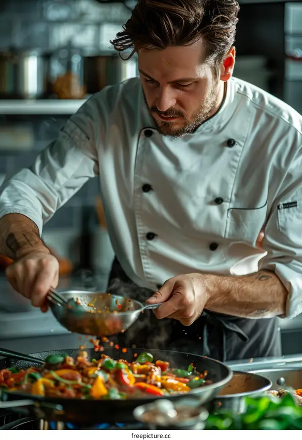 Focused male chef seasoning food in frying pan