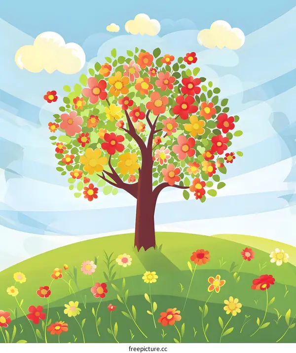 Spring Tree with Colorful Flowers