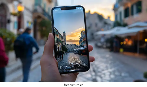 Hand Holding Smartphone Taking Photo of European City Street