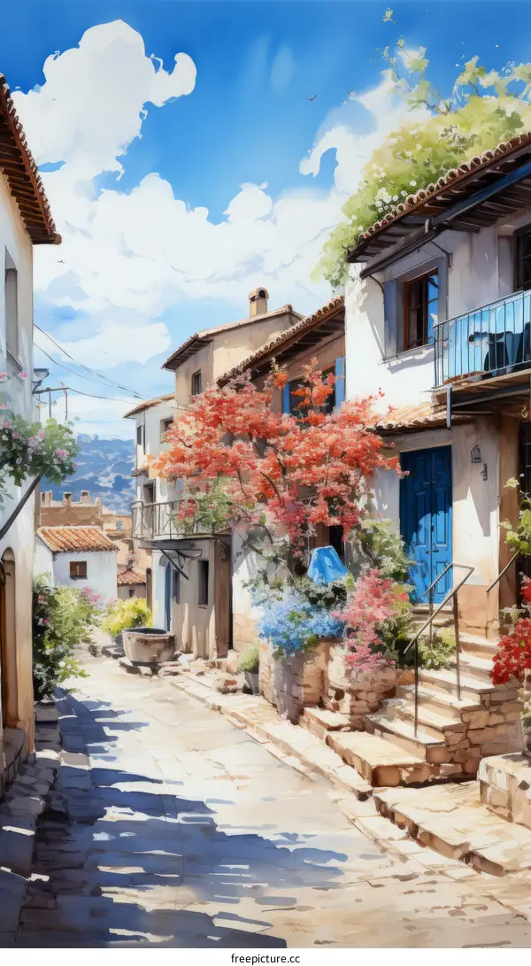 A narrow street with colorful houses and a tree in the middle