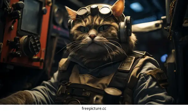 A cat wearing a飛行員帽和护目镜坐在驾驶舱里