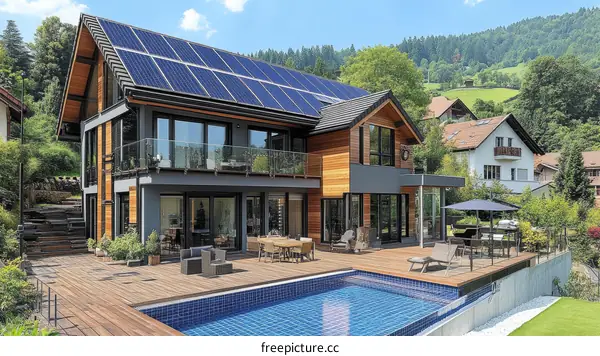 Modern Villa with Solar Panels and Swimming Pool in a Mountainous Village