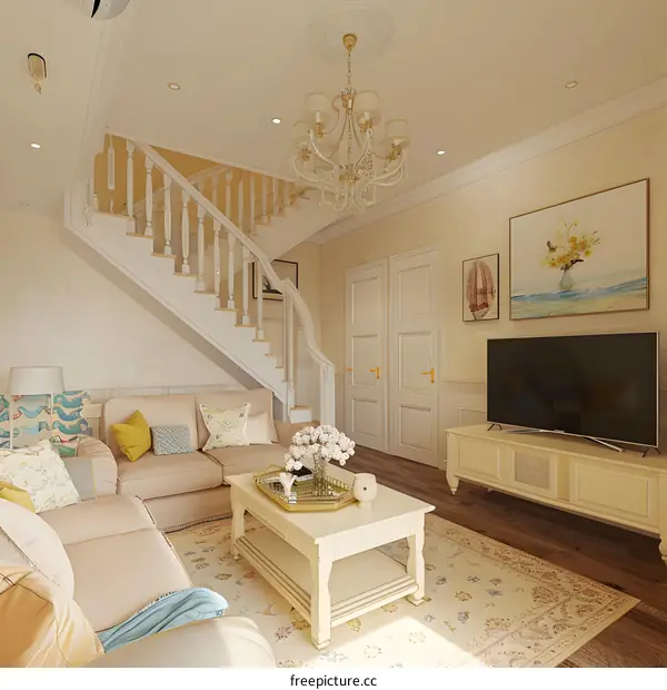 White and Beige Living Room Interior Design with Staircase