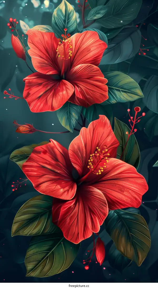 red hibiscus flower with green leaves