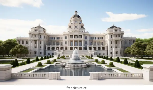 A magnificent palace with a fountain in front of it