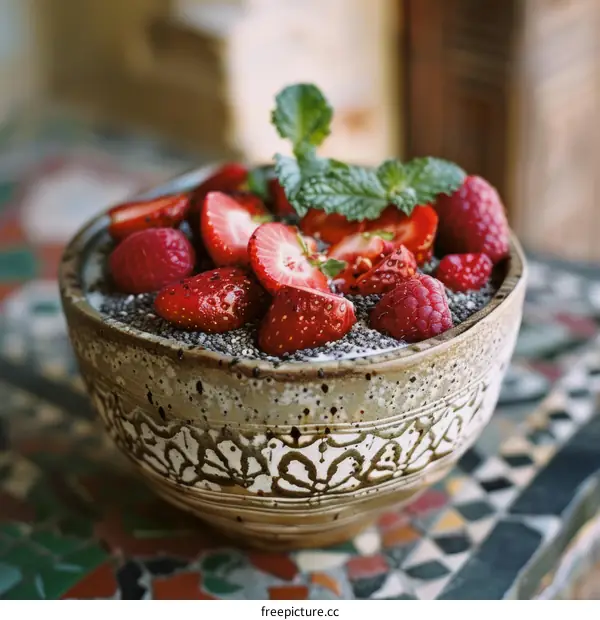 Chia seed pudding with strawberries and raspberries