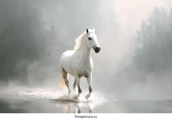 Majestic White Horse Running Through Misty River