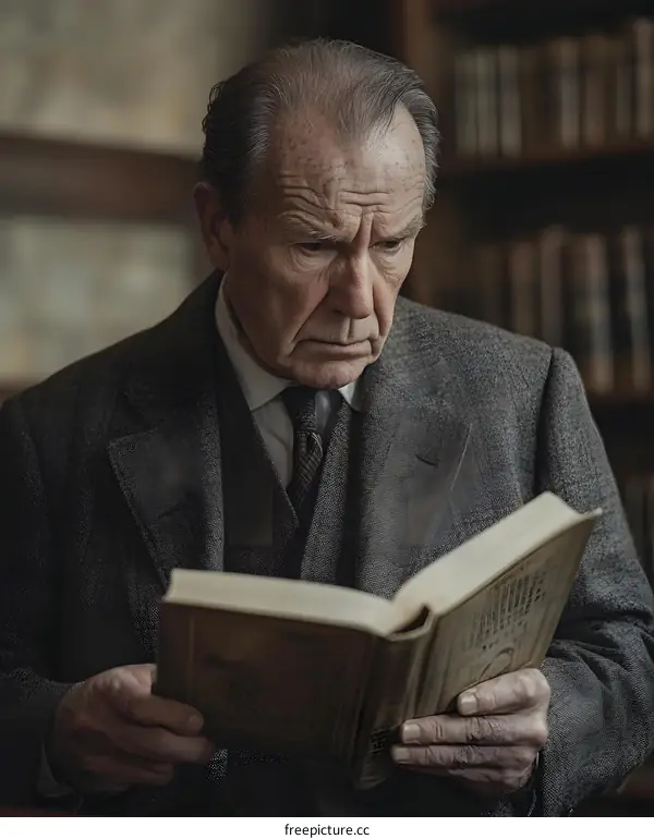 Elderly Man Reading Book in Library
