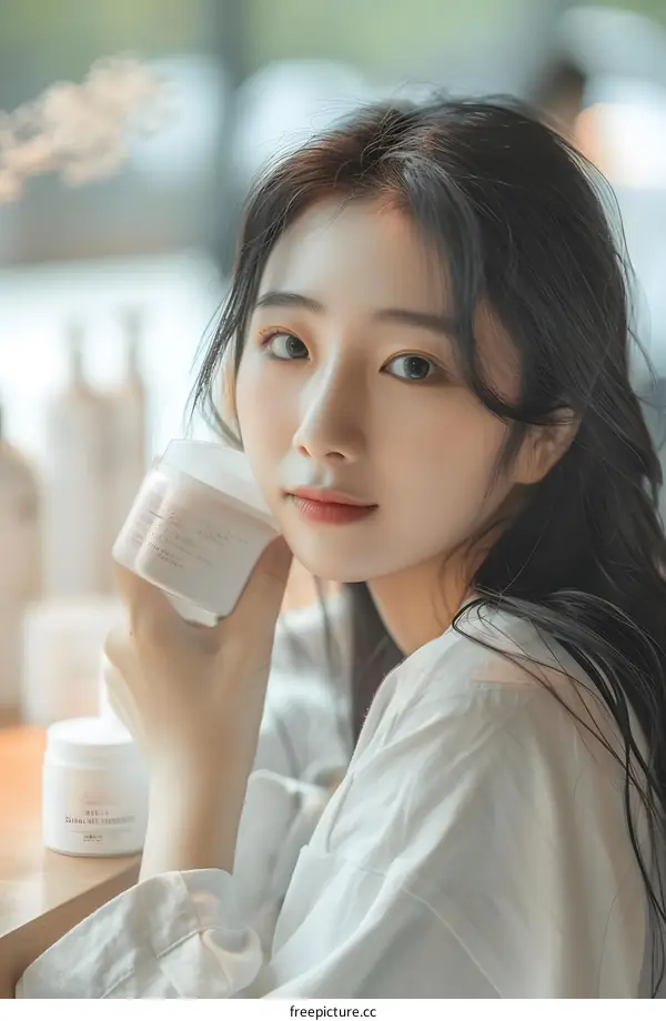 Beautiful Asian Woman Holding Skin Care Cream in a White Shirt