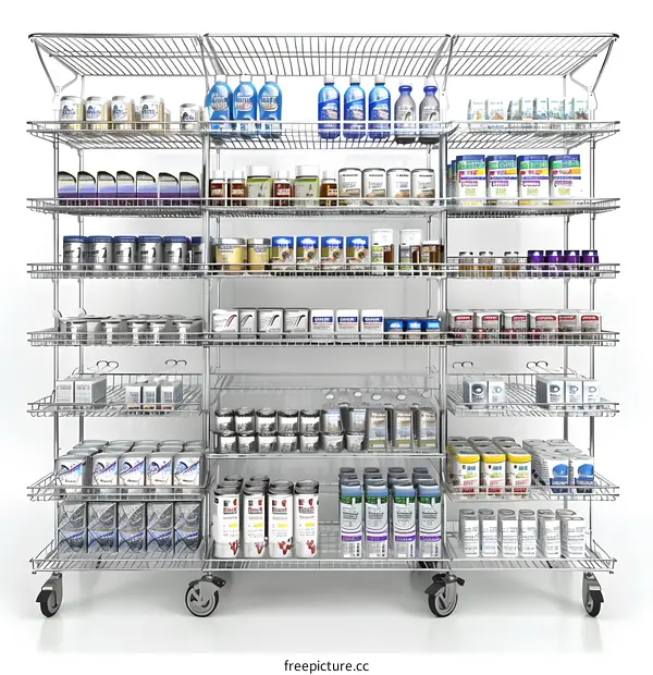 Metal Wire Shelving Unit With Canned Goods And Cleaning Supplies