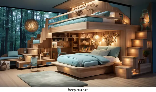 Wooden bunk bed with a slide, perfect for a woodland themed child's bedroom