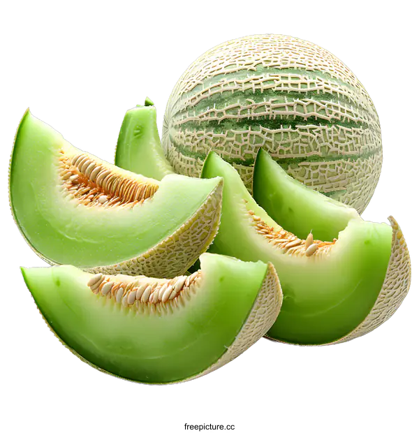 [Transparent Background PNG]Fresh green melon and slices isolated on white background