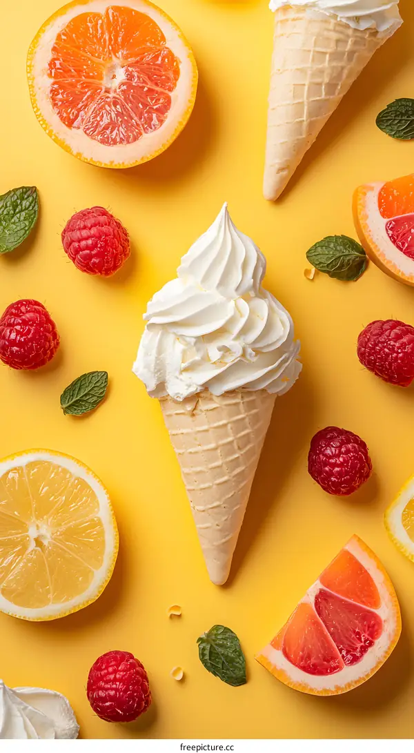 Summer Ice Cream Cone with Citrus Fruits and Berries