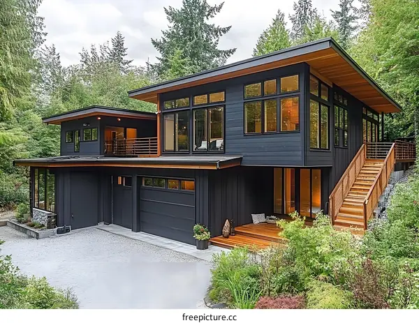 Modern Black House with Large Windows and Wooden Deck