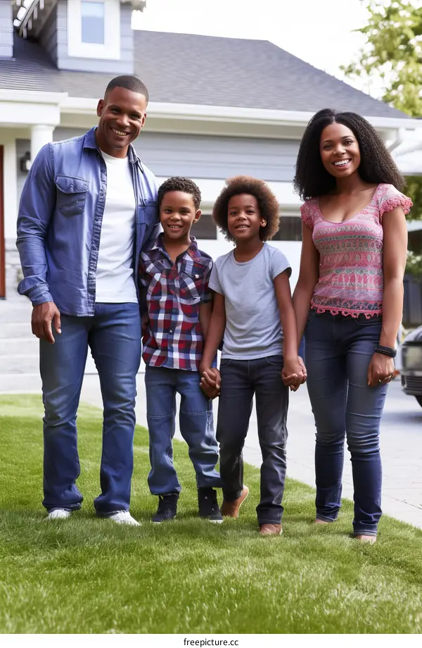Happy African American family of four standing in front of their house