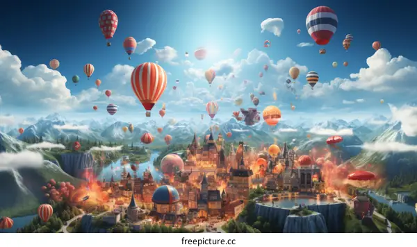 Hot Air Balloons Over Fantasy City